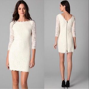 Diane Von Furstenberg Zarita Ivory /Cream Lace Overlay Sheath Dress 3/4 sleeves